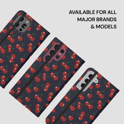 Phone case with cherry pattern on a gray background