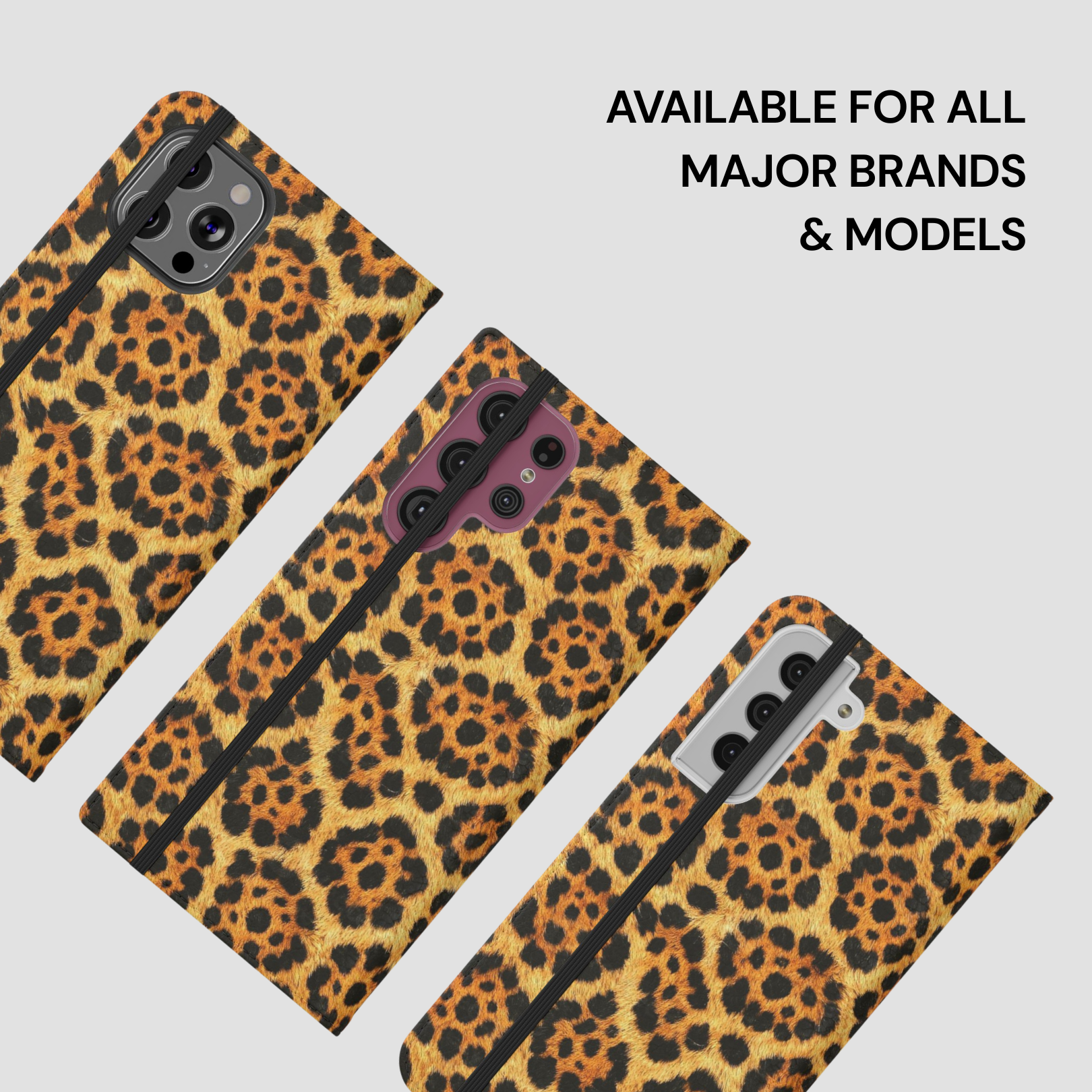 Leopard print phone cases available for all major brands and models on a light gray background.