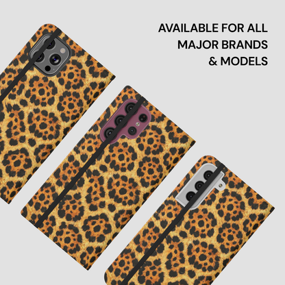 Leopard print phone cases available for all major brands and models on a light gray background.