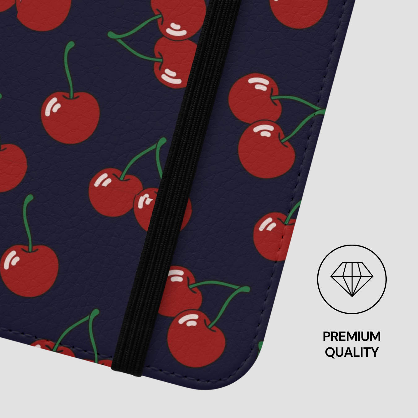 Phone case with cherry pattern on a dark blue background