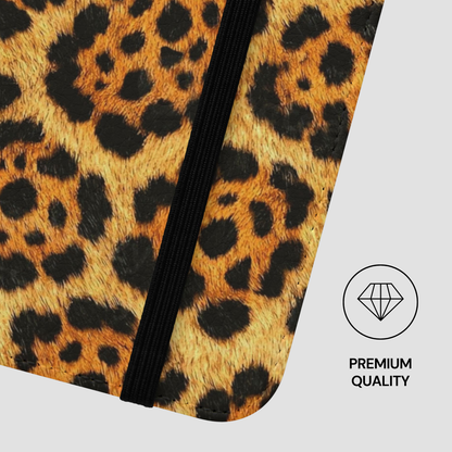 Leopard print pattern with a black strap and 'Premium Quality' label on a white background