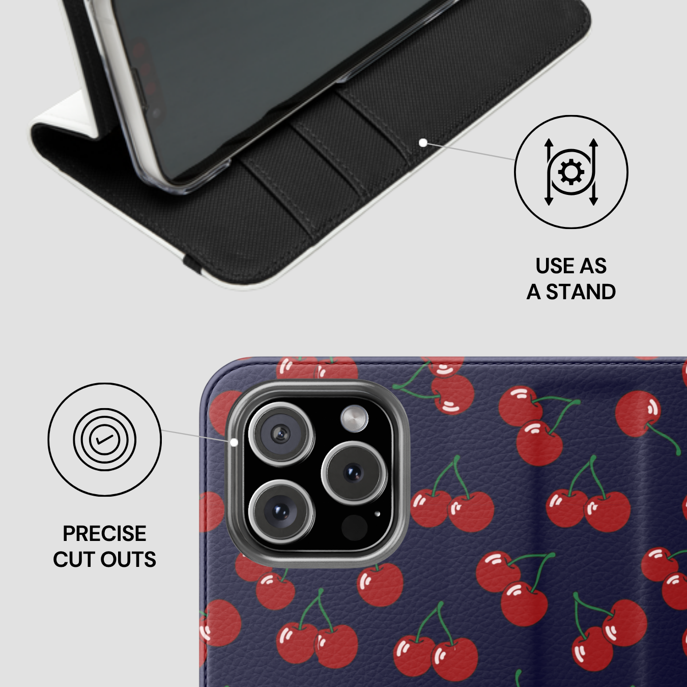 Phone case with cherry pattern and features highlighted on a white background