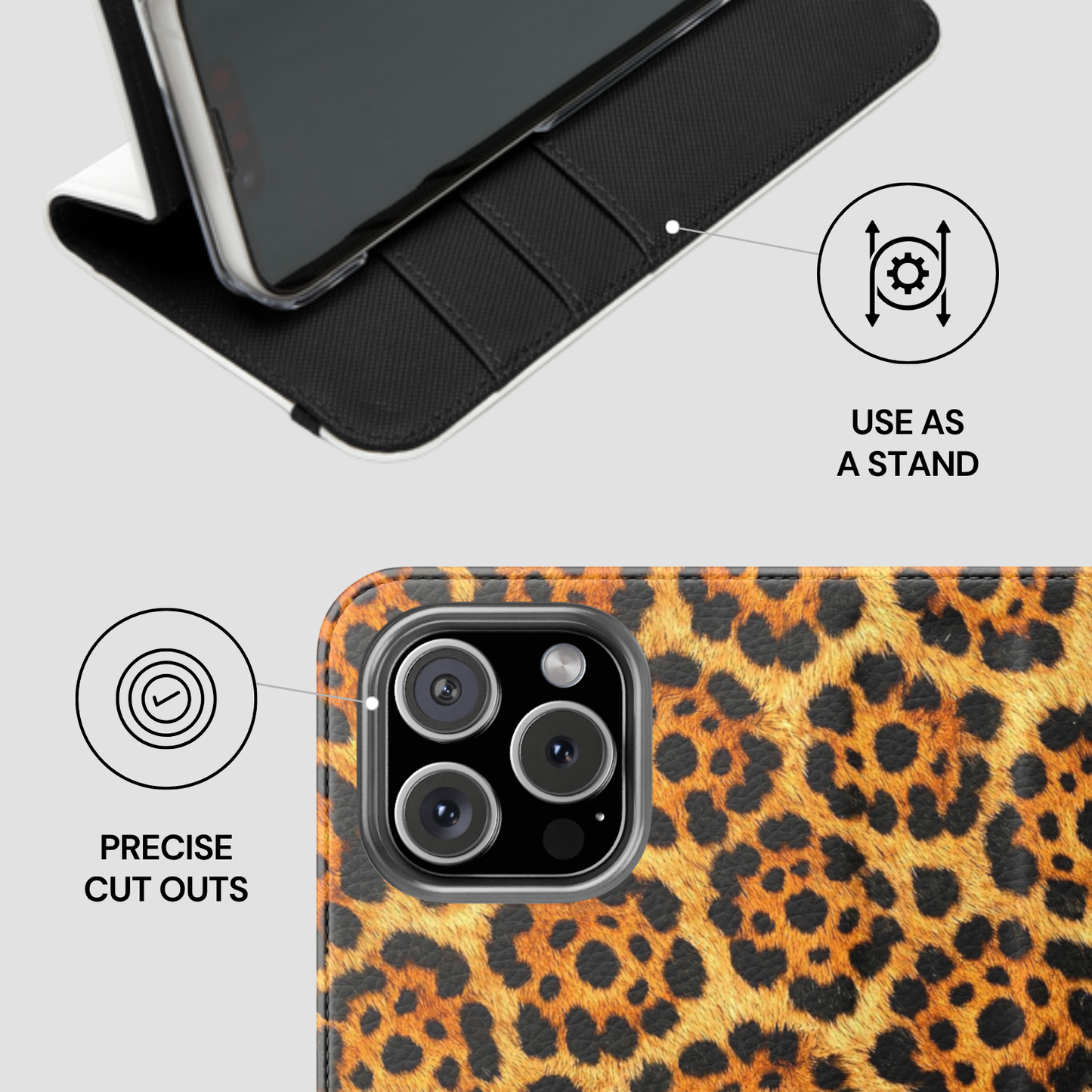 Leopard print phone case with stand feature on a light gray background
