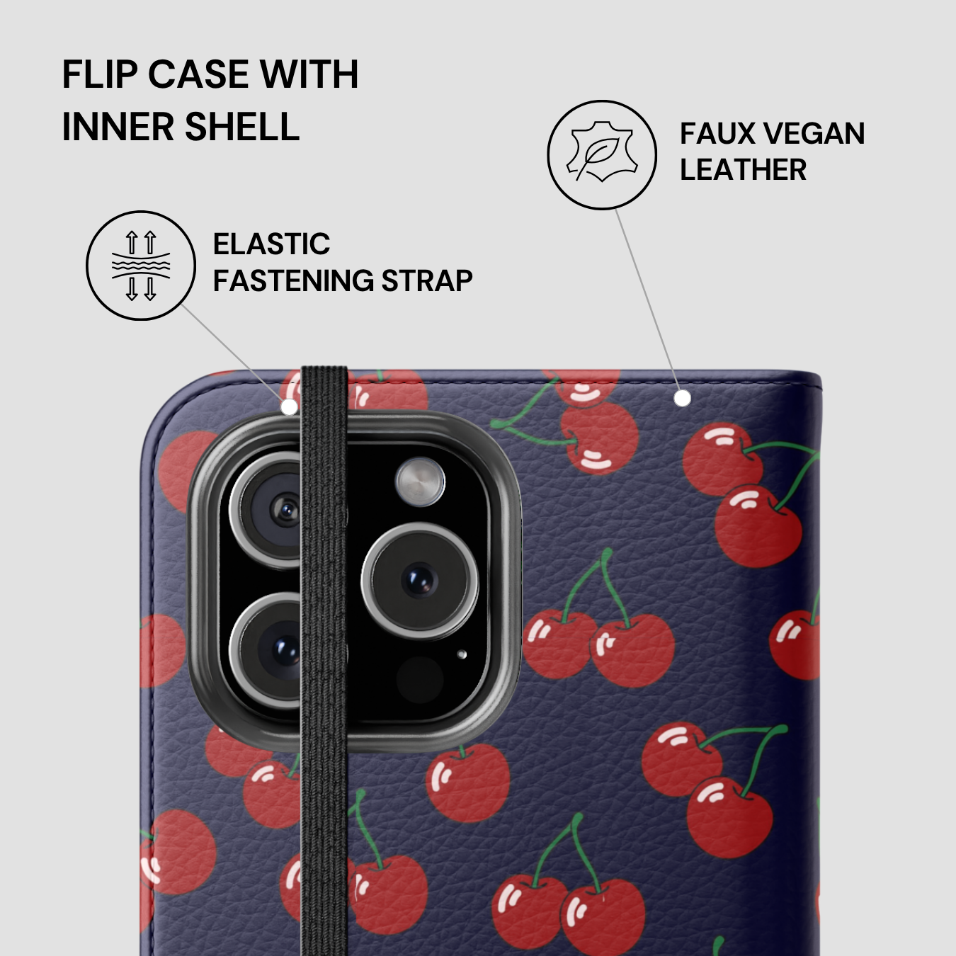 Flip case with inner shell featuring a cherry pattern on a blue background