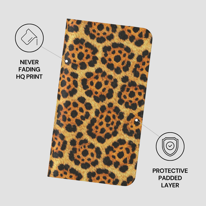 Leopard print phone case with protective features on a light gray background