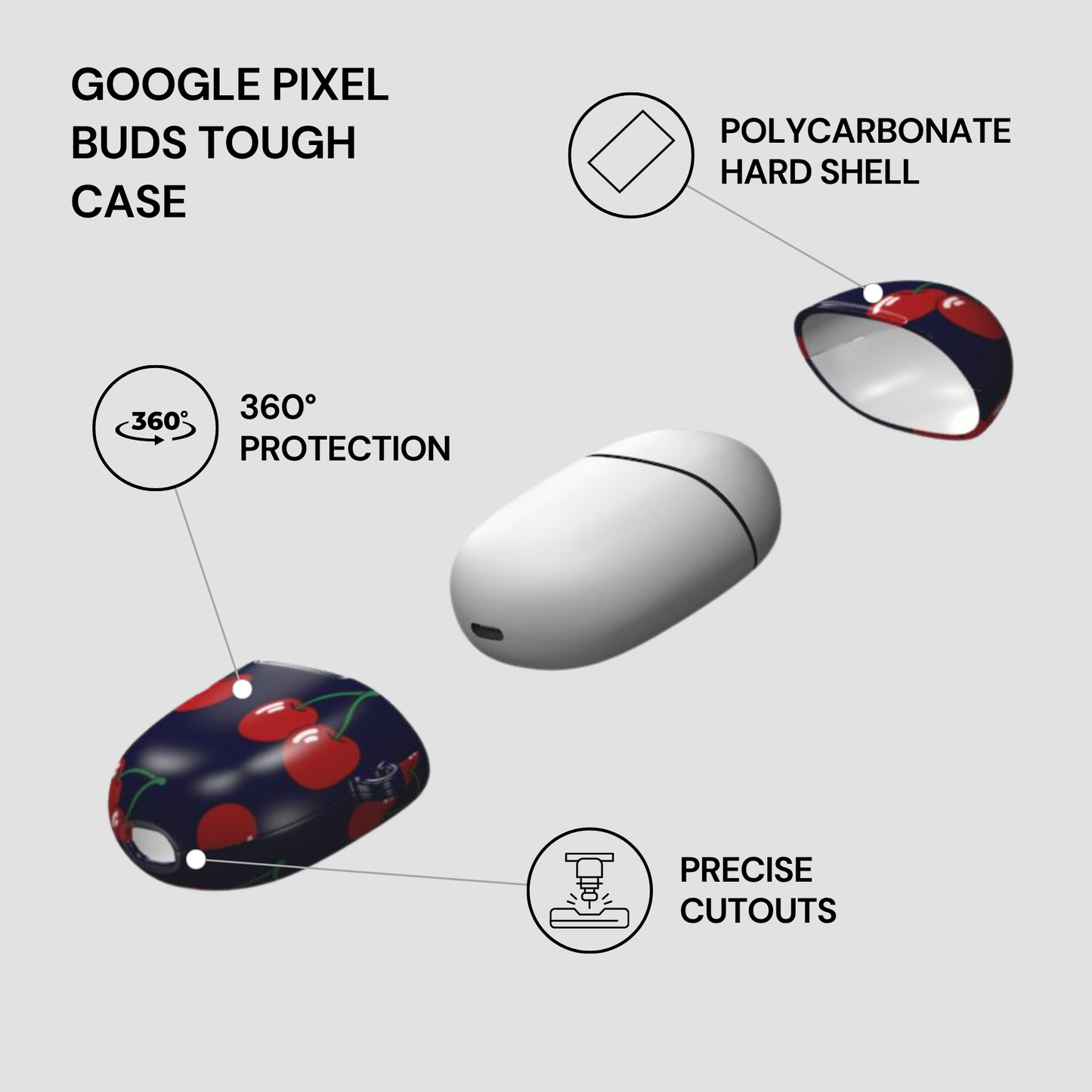 Google Pixel Buds Tough Case with features highlighted on a white background