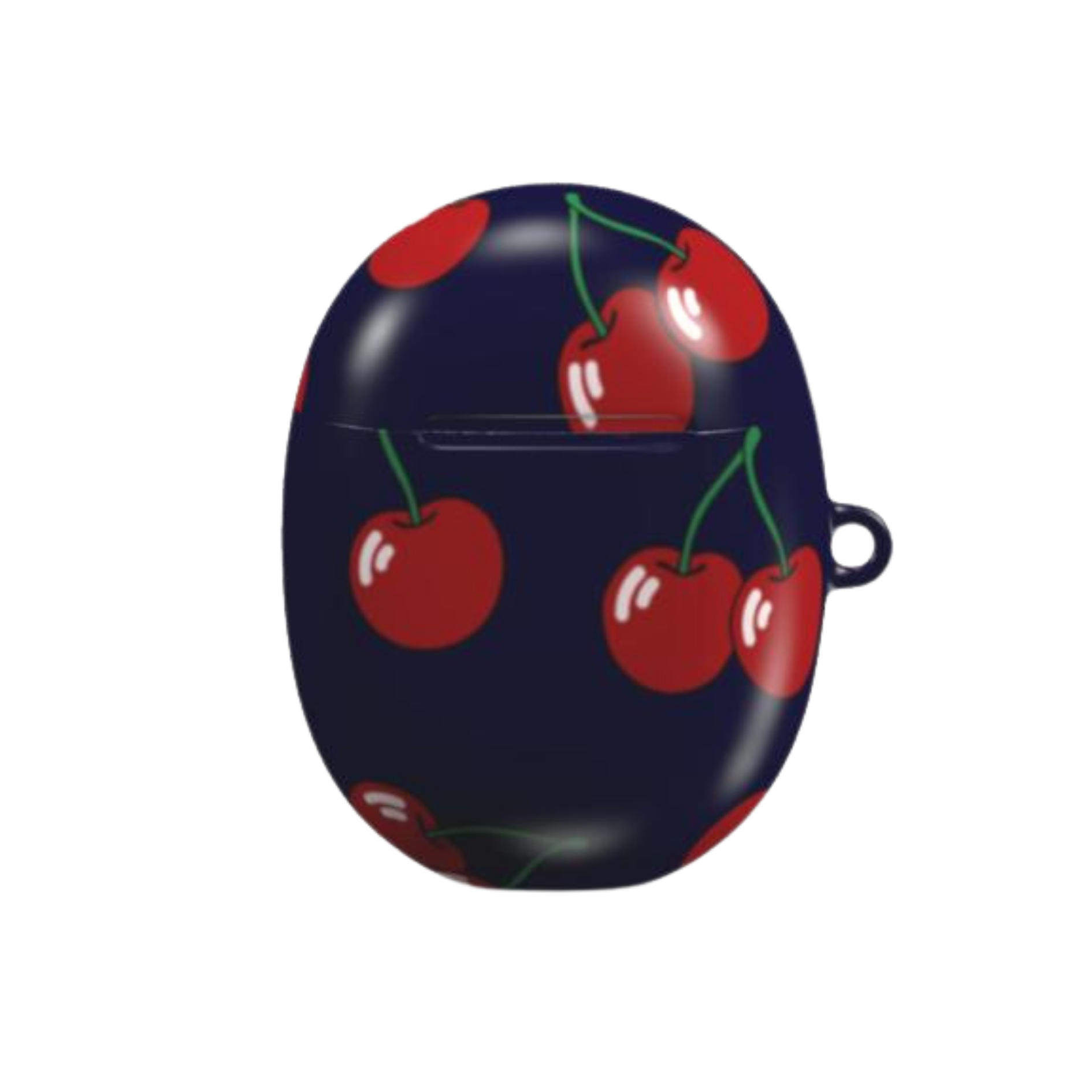 Navy blue case with red cherry pattern on a white background