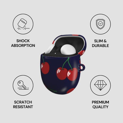 Cherry-themed case with product inside, featuring icons and text on a light gray background