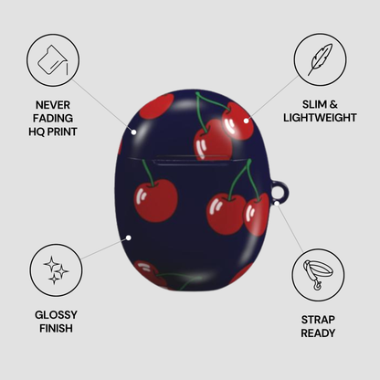 Product with cherry design on a dark background, surrounded by features like 'Never Fading HQ Print', 'Slim & Lightweight', 'Glossy Finish', and 'Strap Ready'.