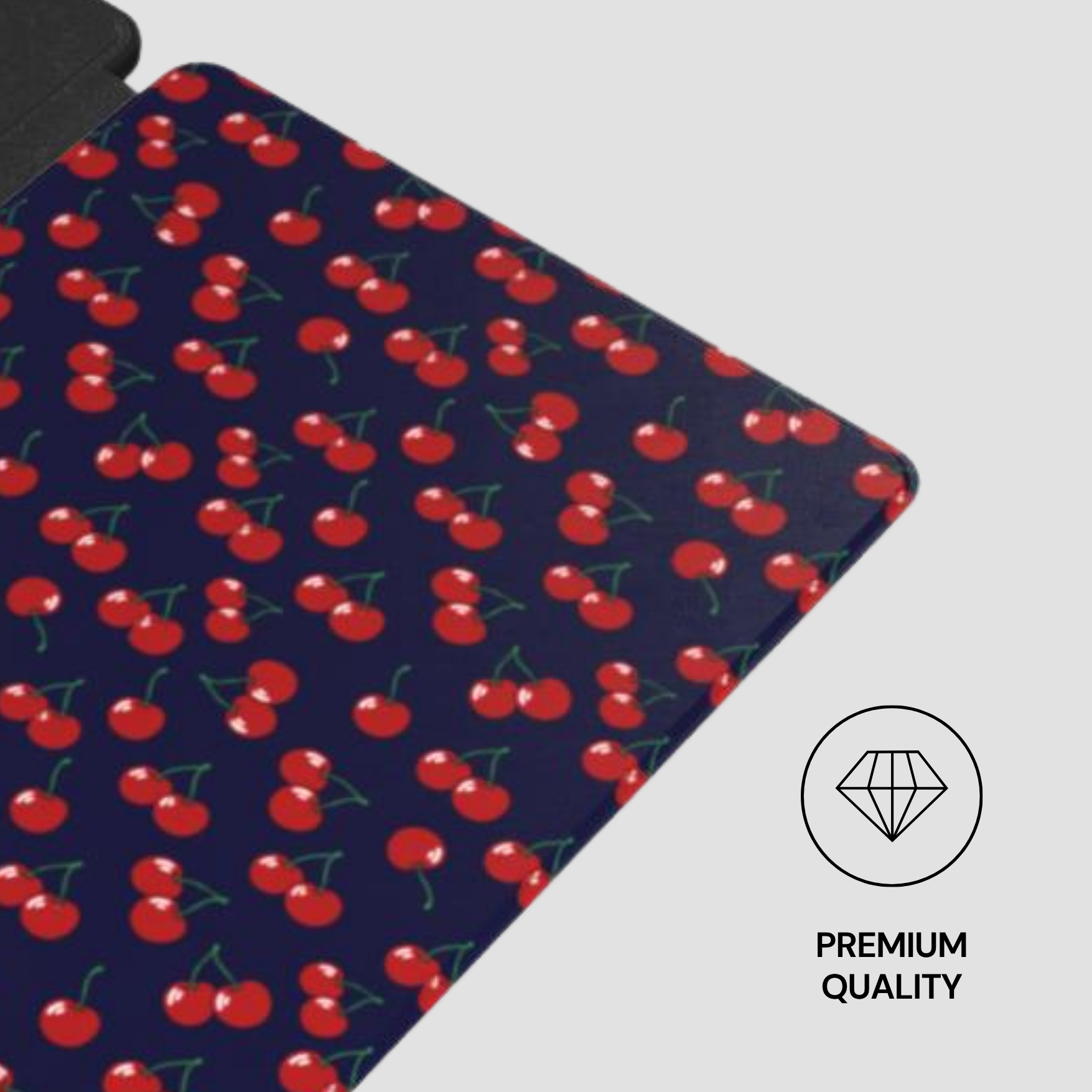 Product with cherry pattern on a dark blue background, featuring a 'Premium Quality' label.