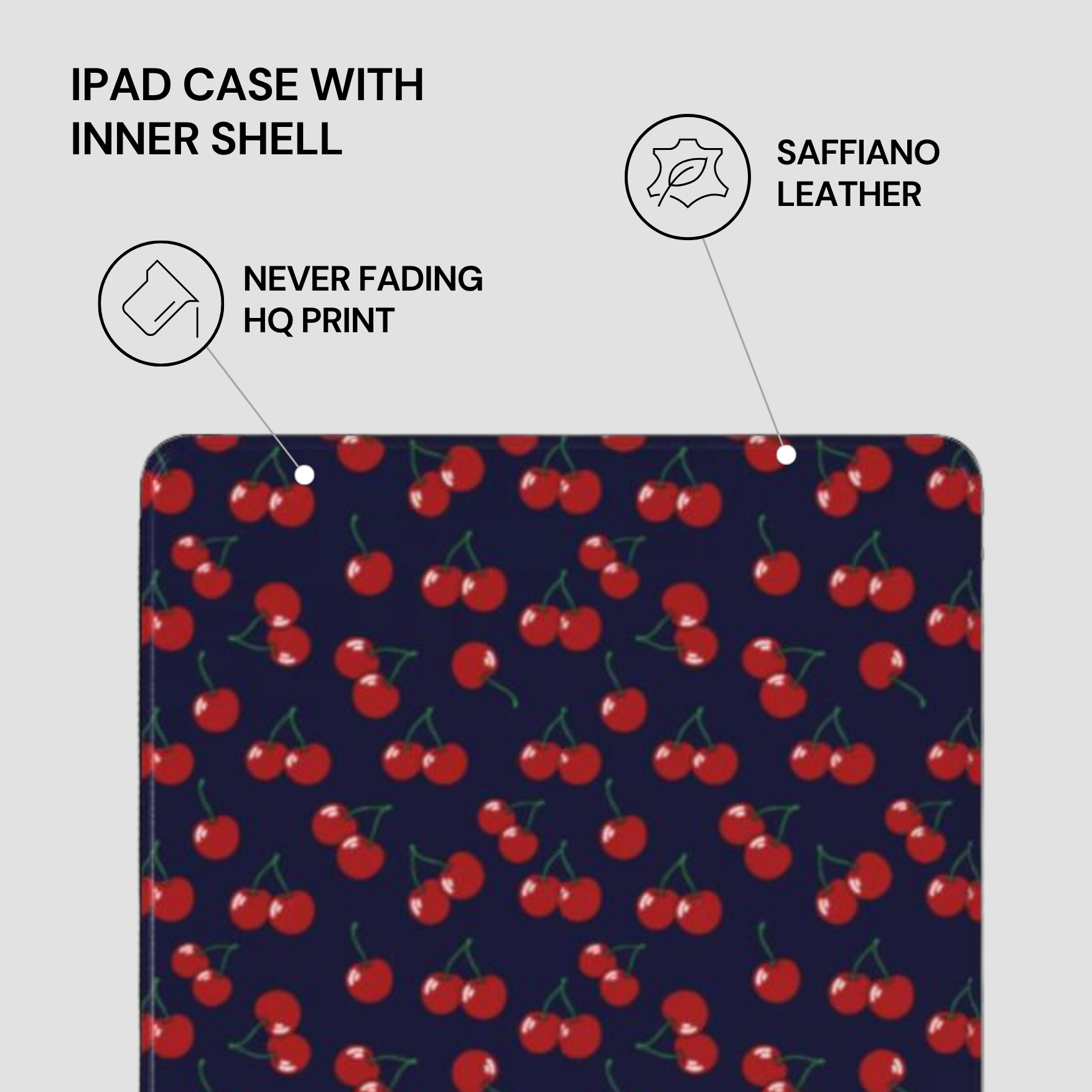 IPAD CASE WITH INNER SHELL featuring saffiano leather, never fading HQ print on a blue background with red cherry pattern.