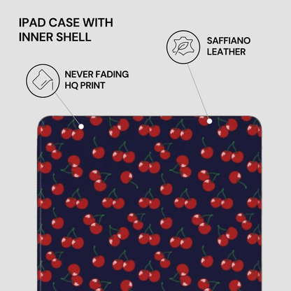IPAD CASE WITH INNER SHELL featuring saffiano leather, never fading HQ print on a blue background with red cherry pattern.