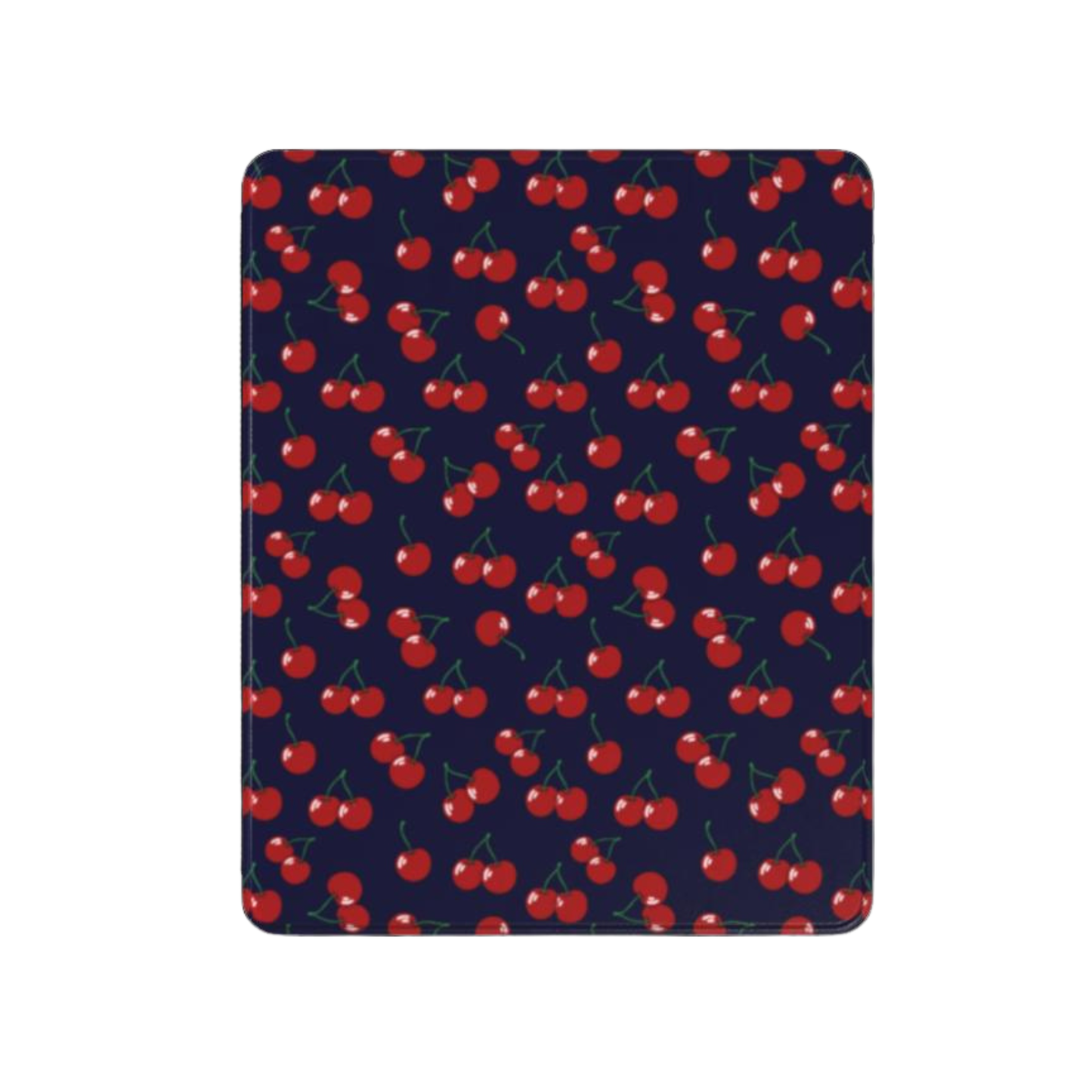 Navy blue mouse pad with red cherry pattern