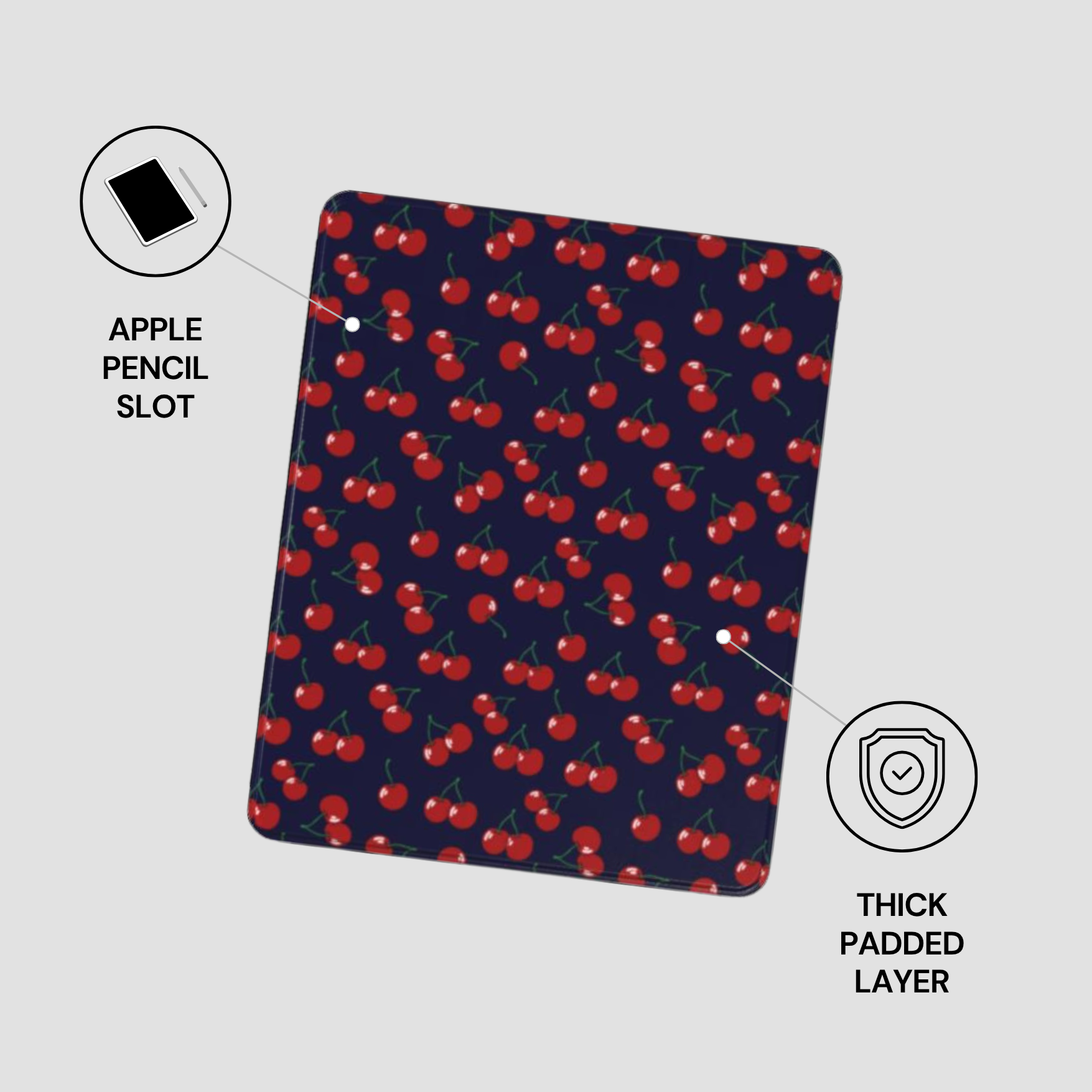 Cherry-patterned case with Apple Pencil slot and thick padded layer on a gray background