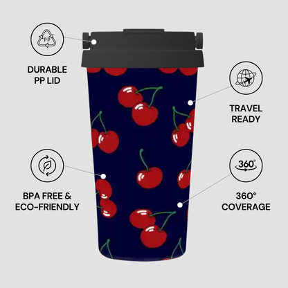 Tumbler with cherry pattern on a white background with features highlighted.
