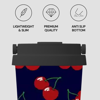 Tumbler with cherry design and feature icons on a gray background