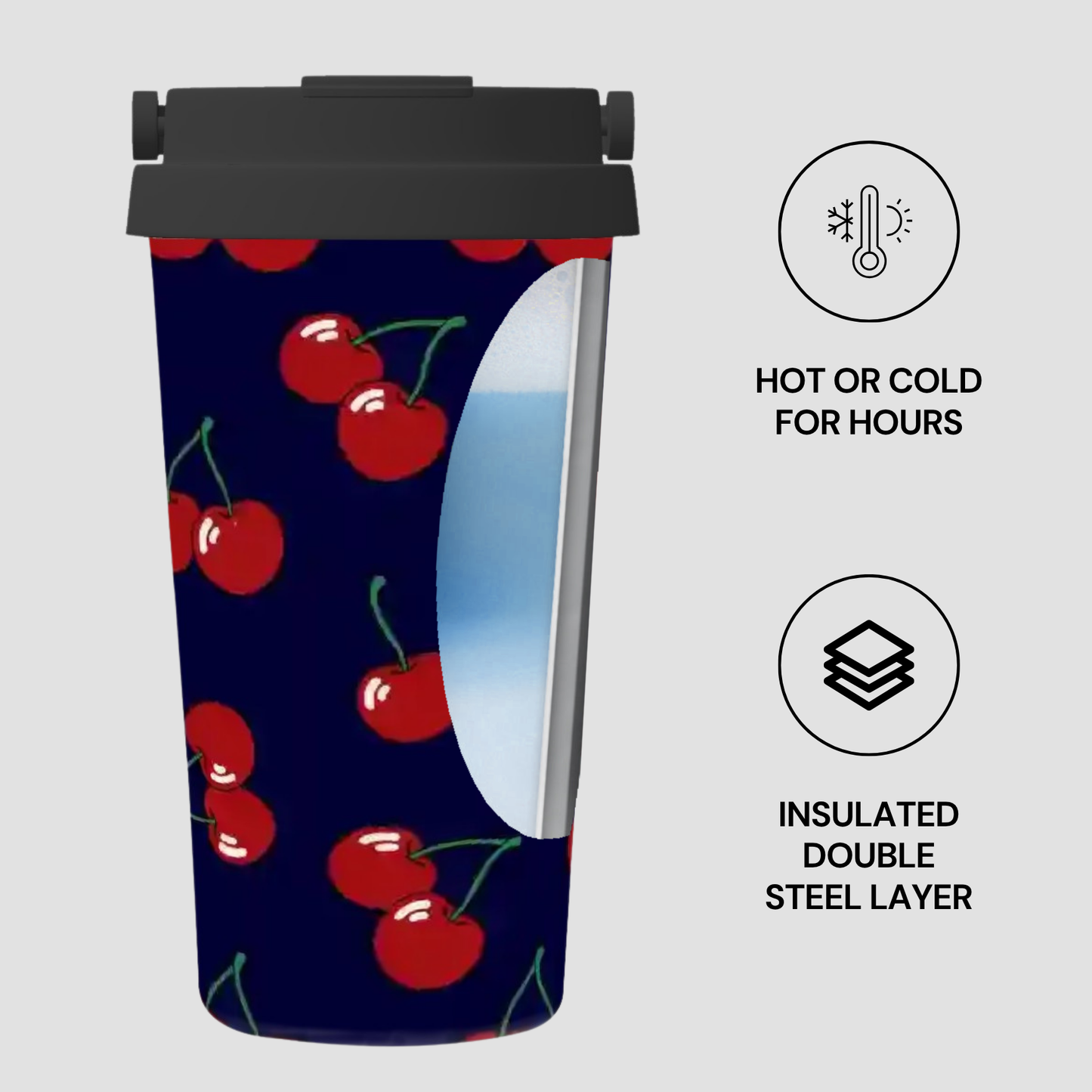 Insulated tumbler with cherry design on a white background