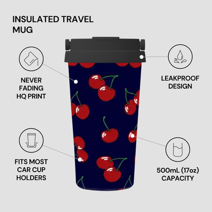 Insulated travel mug with cherry design on a gray background