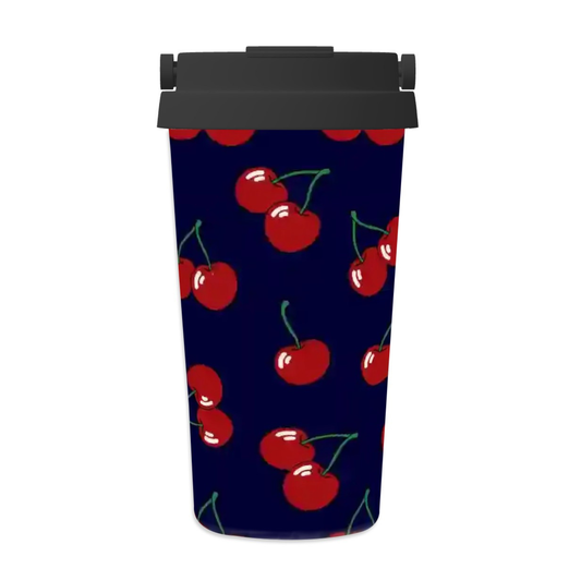 Tumbler with red cherry pattern on a navy background