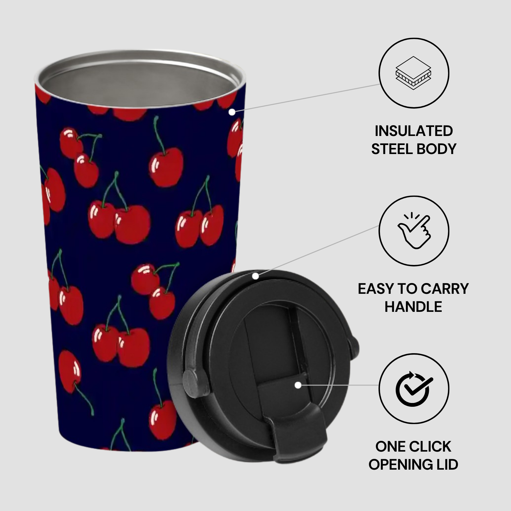 Tumbler with cherry pattern and features highlighted on a gray background