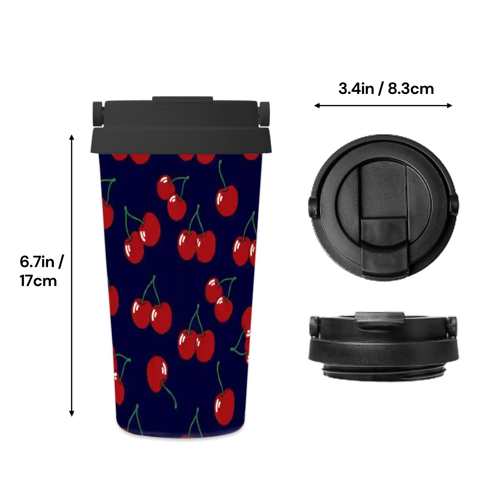 Travel mug with cherry pattern and black lid, shown with measurements on a white background.