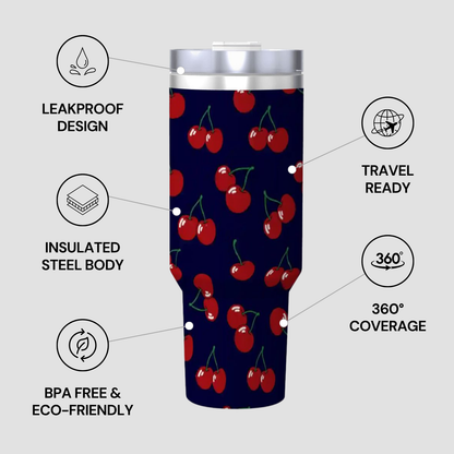 Tumbler with cherry pattern and feature text on a gray background