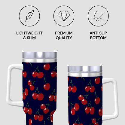 Two tumblers with cherry pattern on a white background, featuring icons and text about product features.