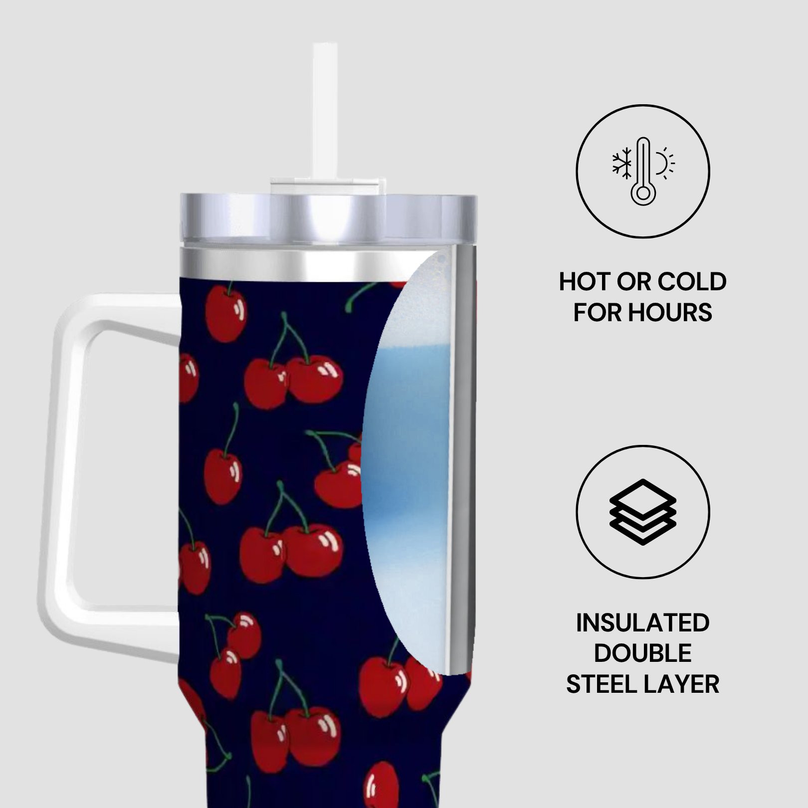 Insulated tumbler with cherry design on a white background