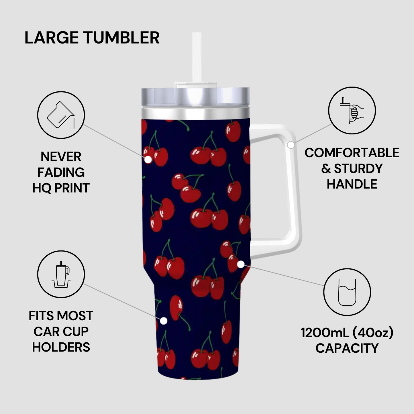 Large tumbler with cherry pattern on a white background