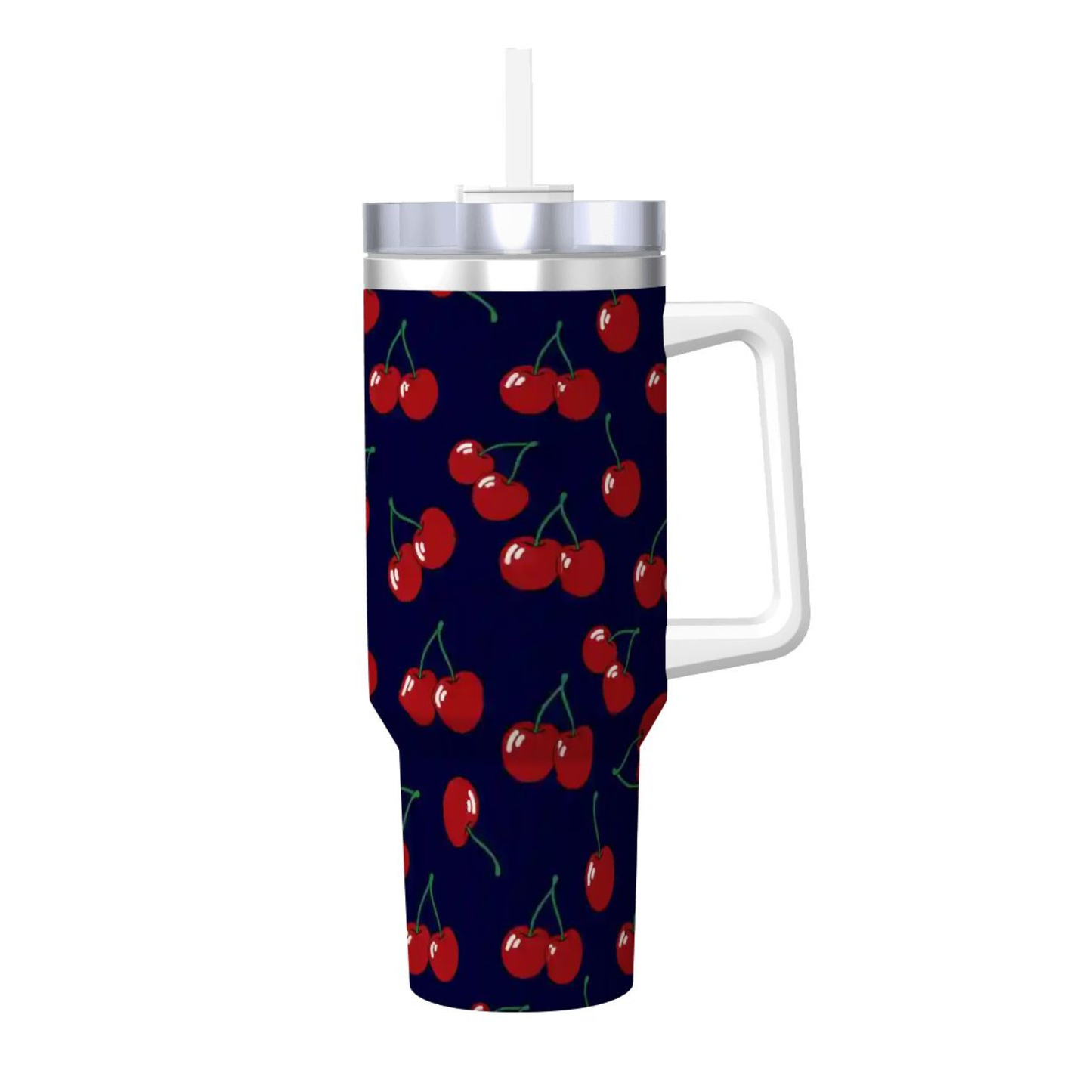 Tumbler with cherry pattern on a navy background