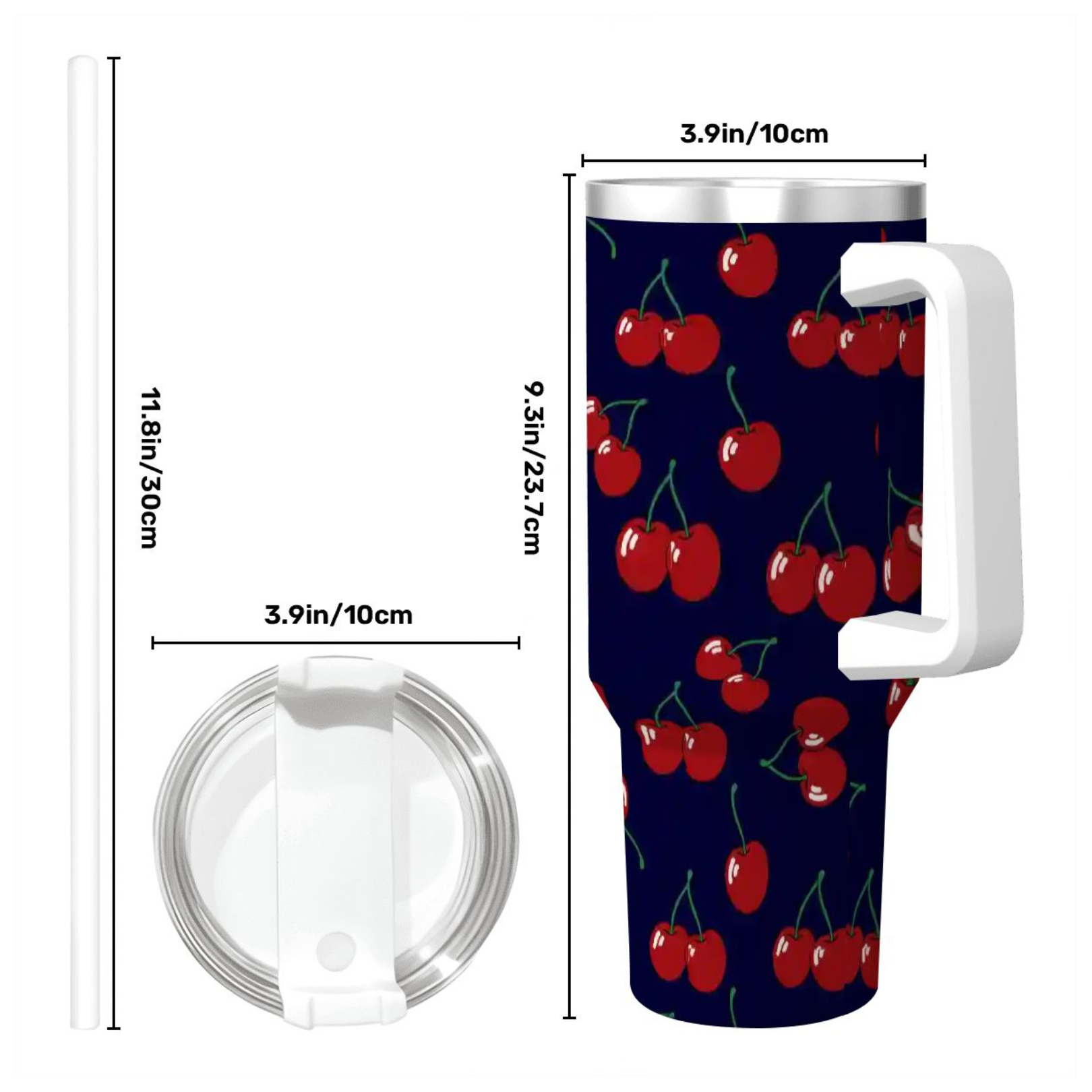 Tumbler with cherry pattern and measurements on a white background