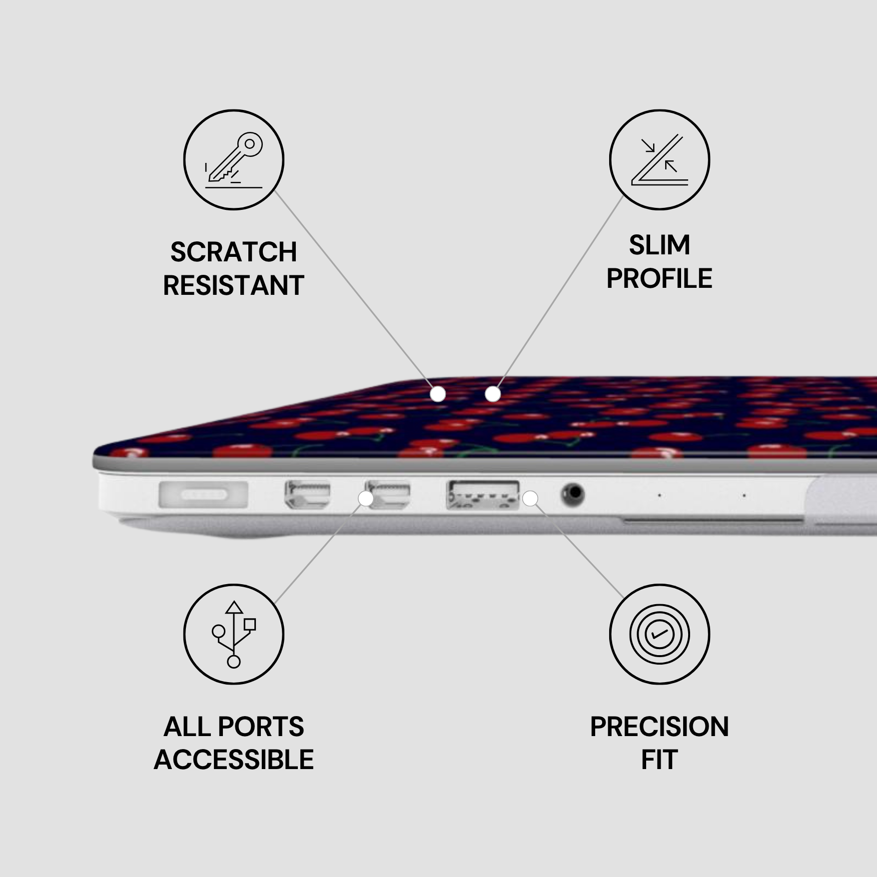 Laptop with features labeled as scratch resistant, slim profile, all ports accessible, and precision fit on a gray background.