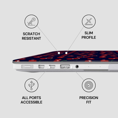 Laptop with features labeled as scratch resistant, slim profile, all ports accessible, and precision fit on a gray background.