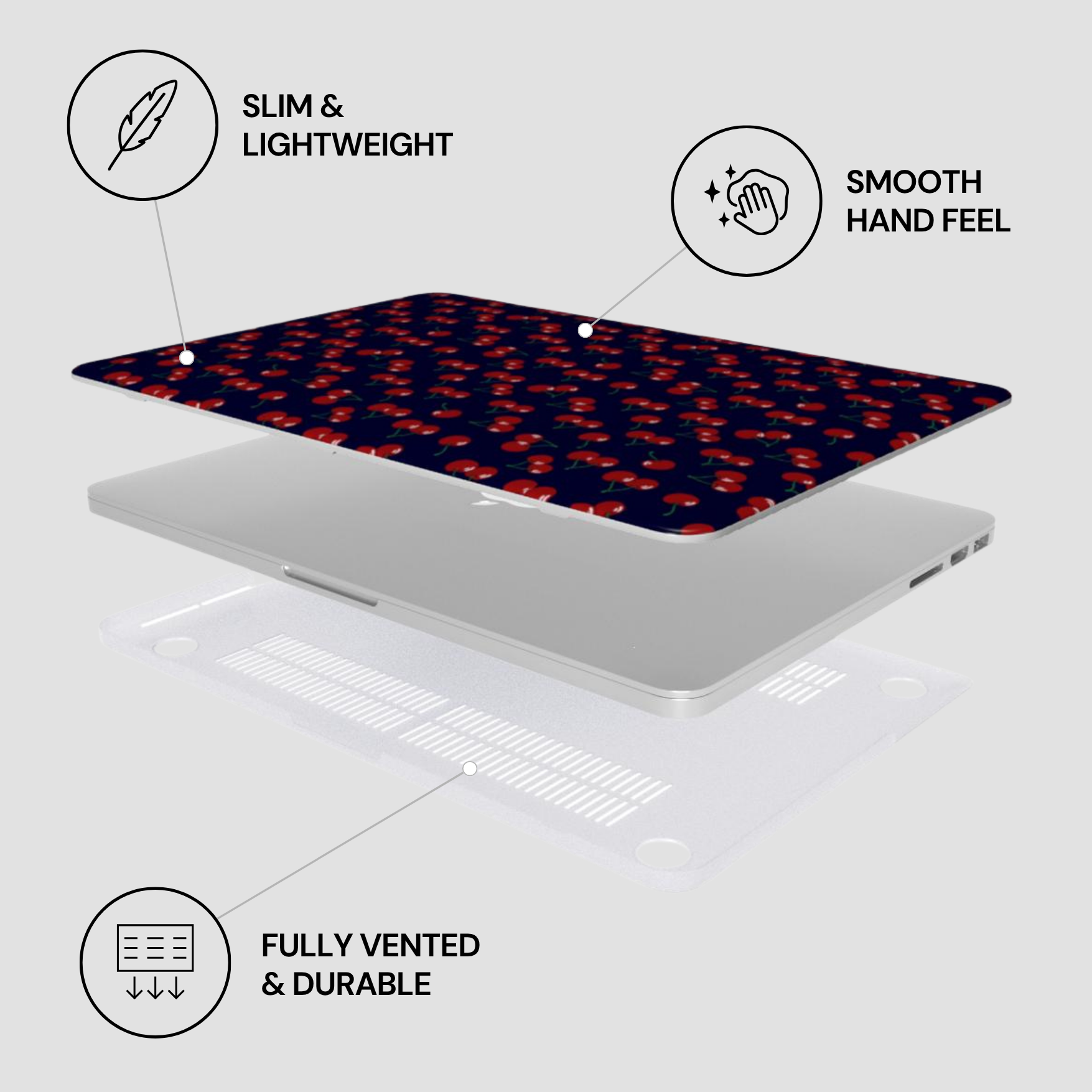 Laptop with features highlighted on a white background