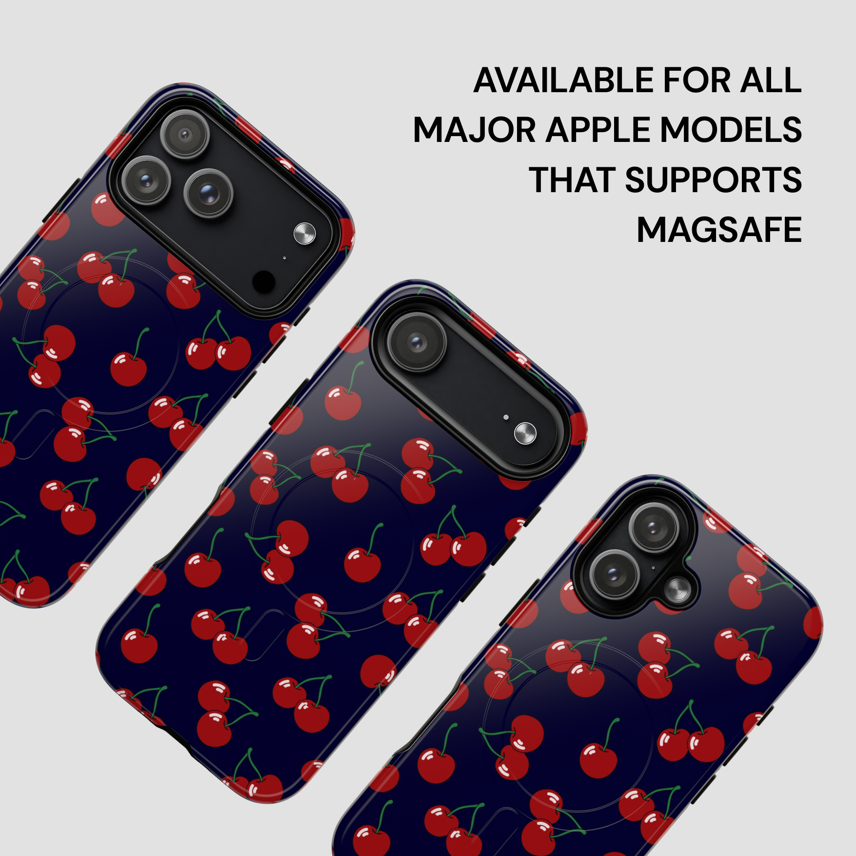 Phone case with cherry pattern on a gray background