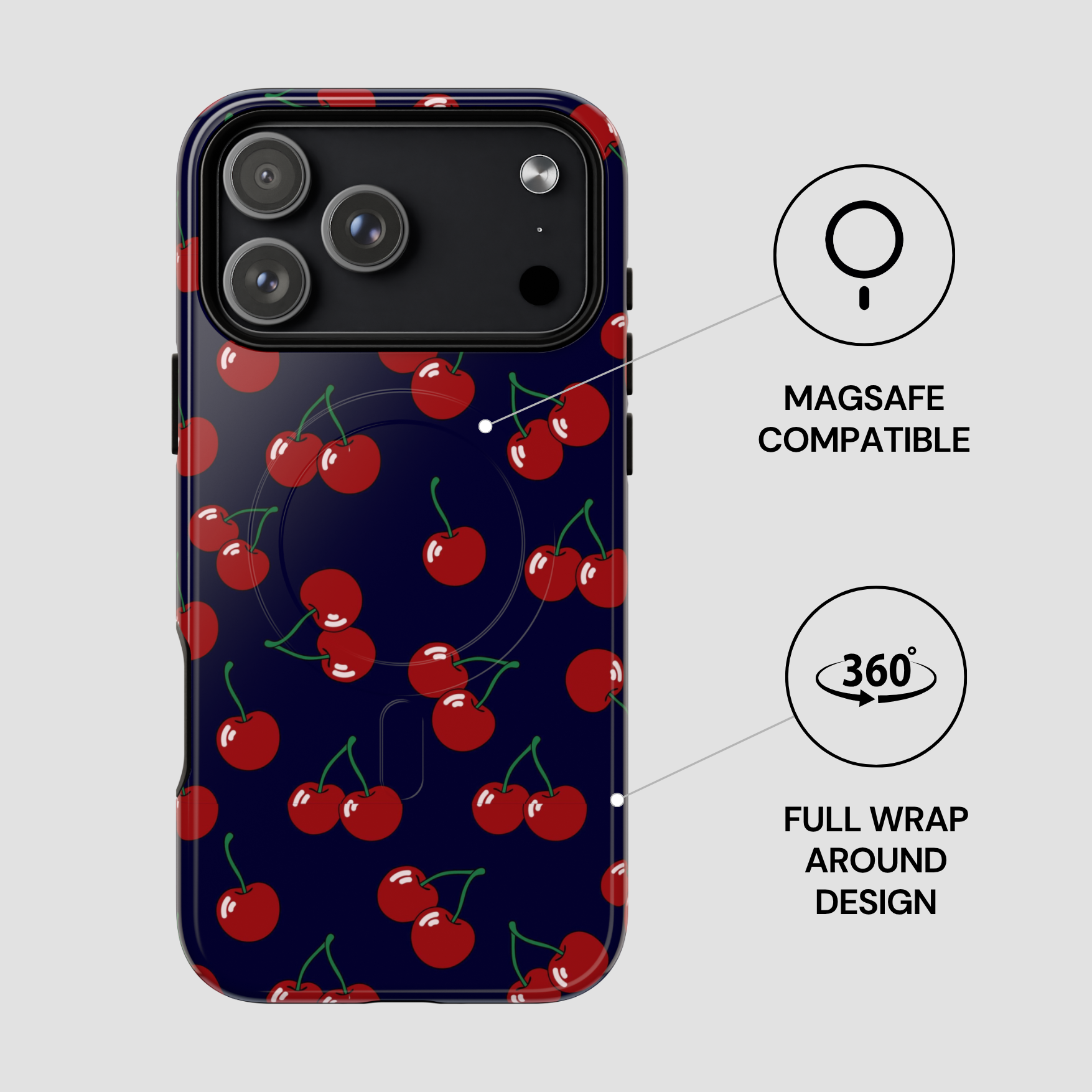 Phone case with cherry pattern and Magsafe compatibility on a gray background