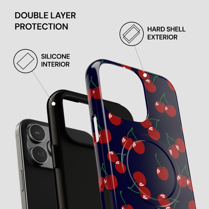 Phone case with cherry pattern and text highlighting double layer protection on a gray background