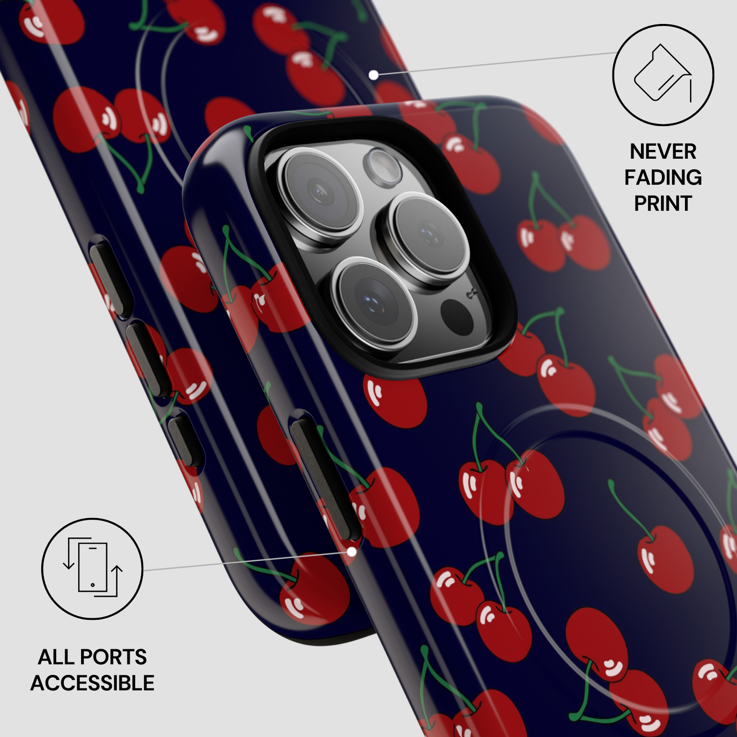 Phone case with cherry pattern and text indicating 'Never Fading Print' and 'All Ports Accessible'.