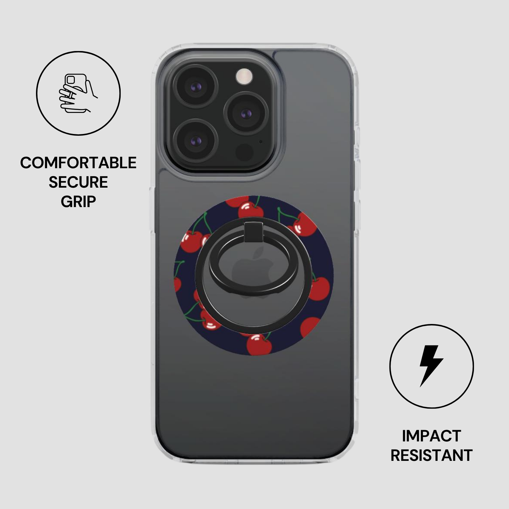 Phone case with ring holder and text about comfort, security, and impact resistance on a light gray background
