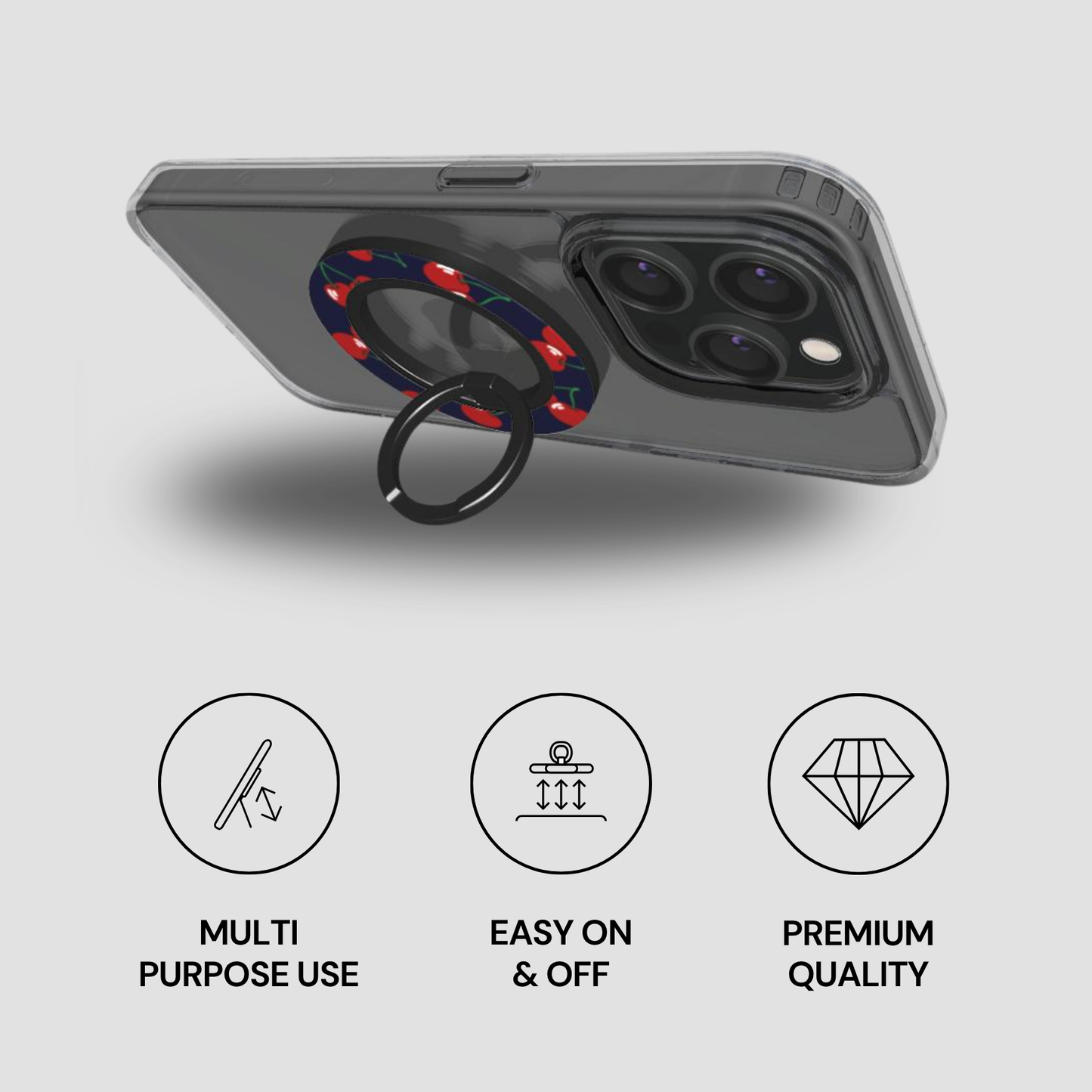 Phone case with ring holder and features on a gray background