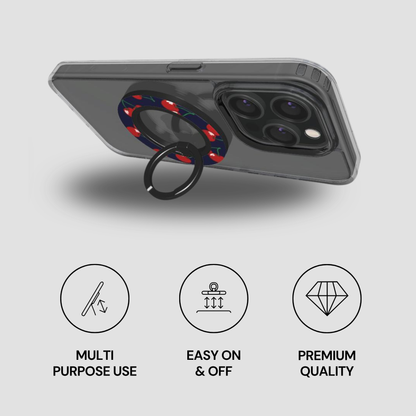Phone case with ring holder and features on a gray background
