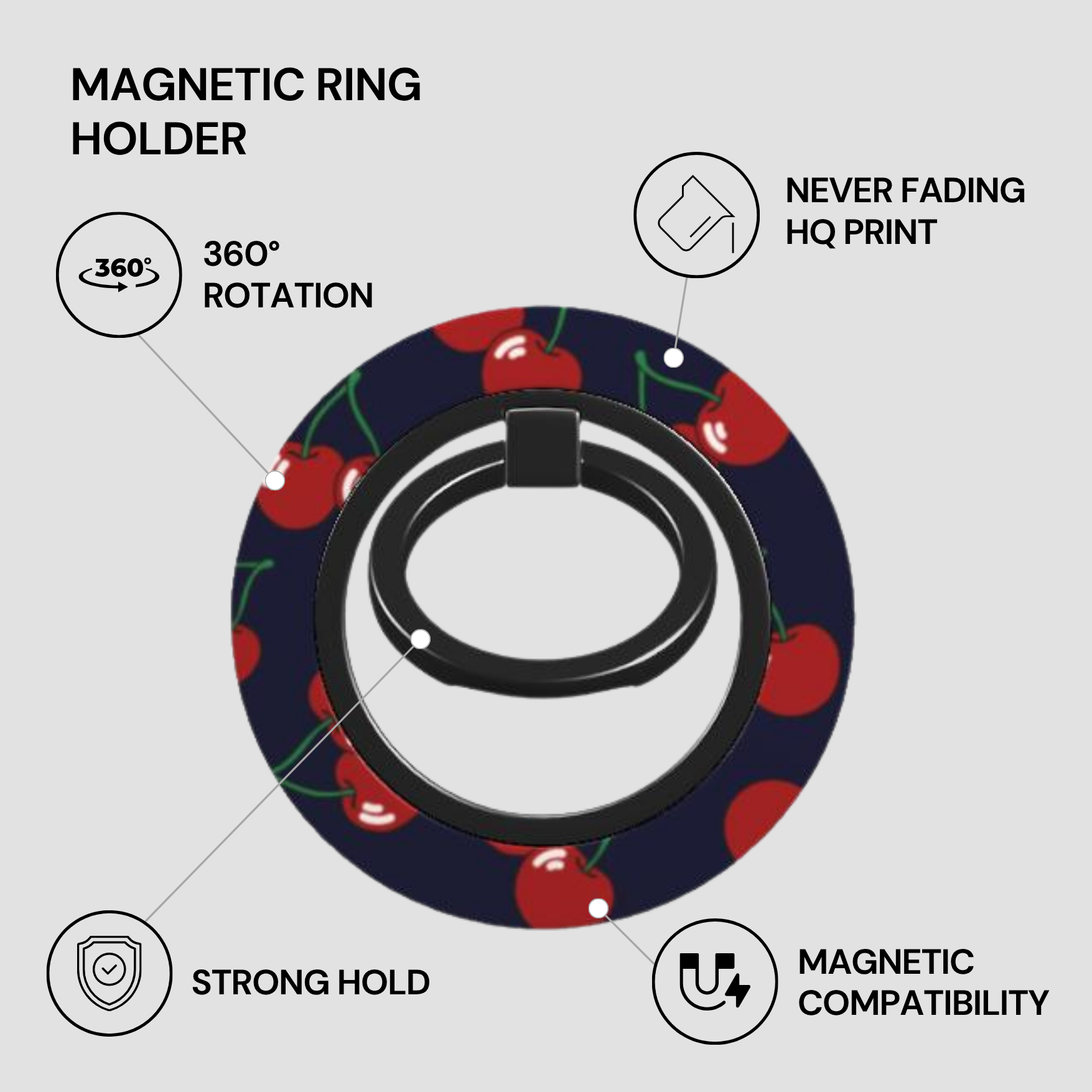 Magnetic ring holder with cherry design on a white background