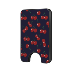 Sweet Cherry Magnetic Wallet with red cherry pattern on a dark navy background