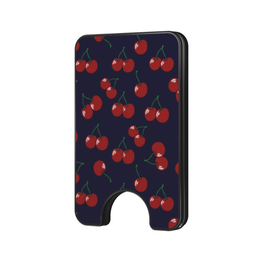 Sweet Cherry Magnetic Wallet with red cherry pattern on a dark navy background