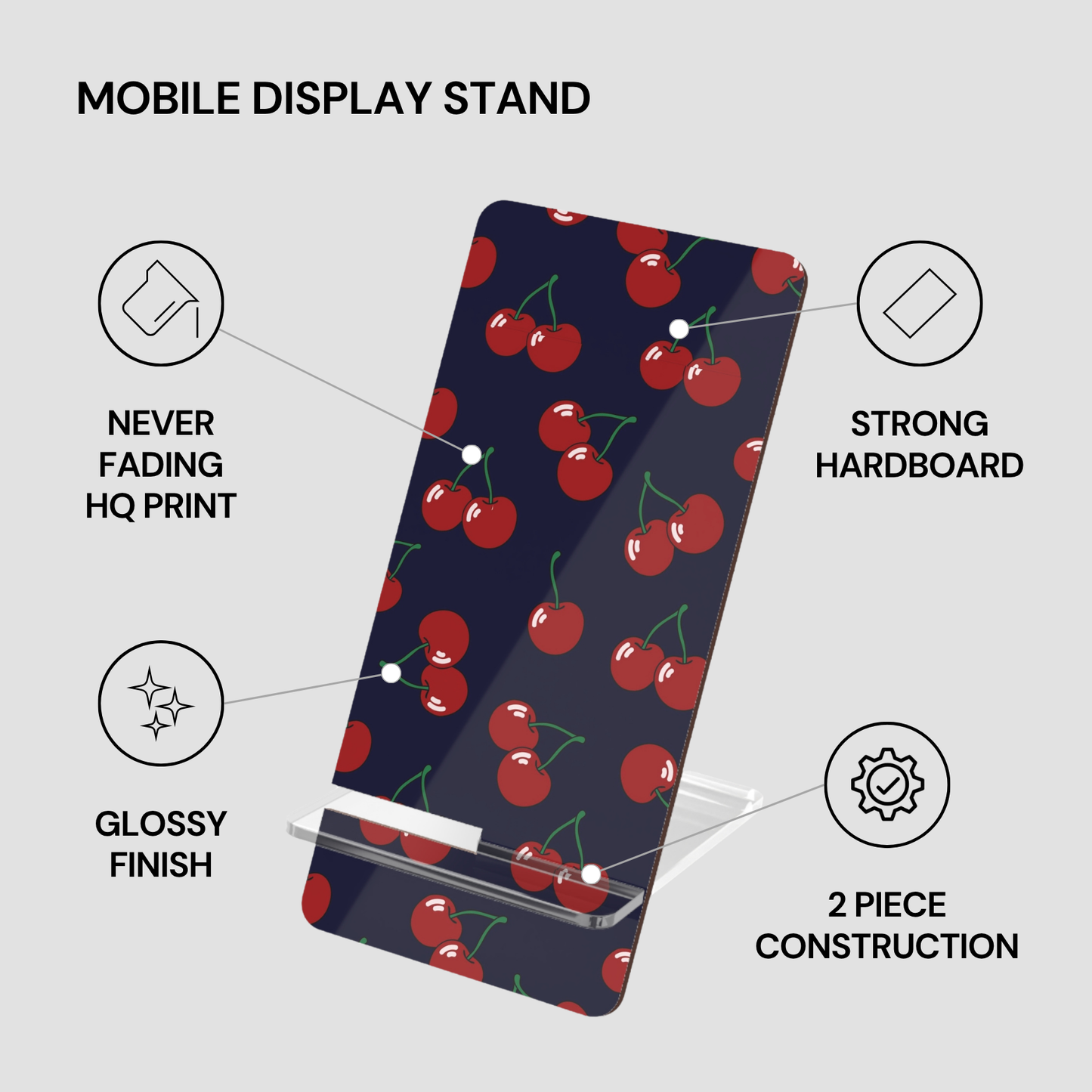 Mobile display stand with cherry pattern and feature points on a gray background