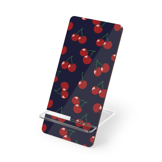Phone stand with cherry pattern on a dark blue background