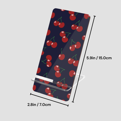 Phone stand with cherry pattern and dimensions on a gray background