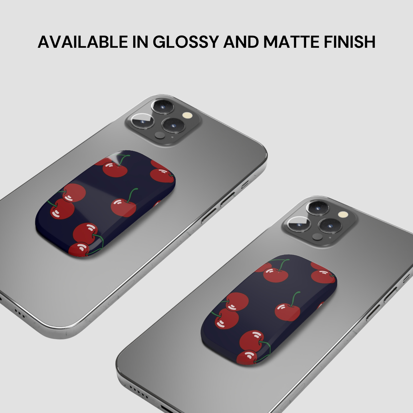 Two phone cases with cherry design on a gray background, text indicating finish options.