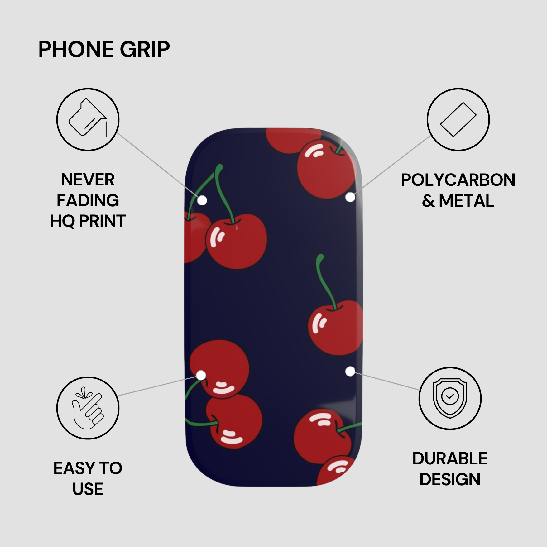 Phone grip with cherry design on a dark background, featuring text about product features.