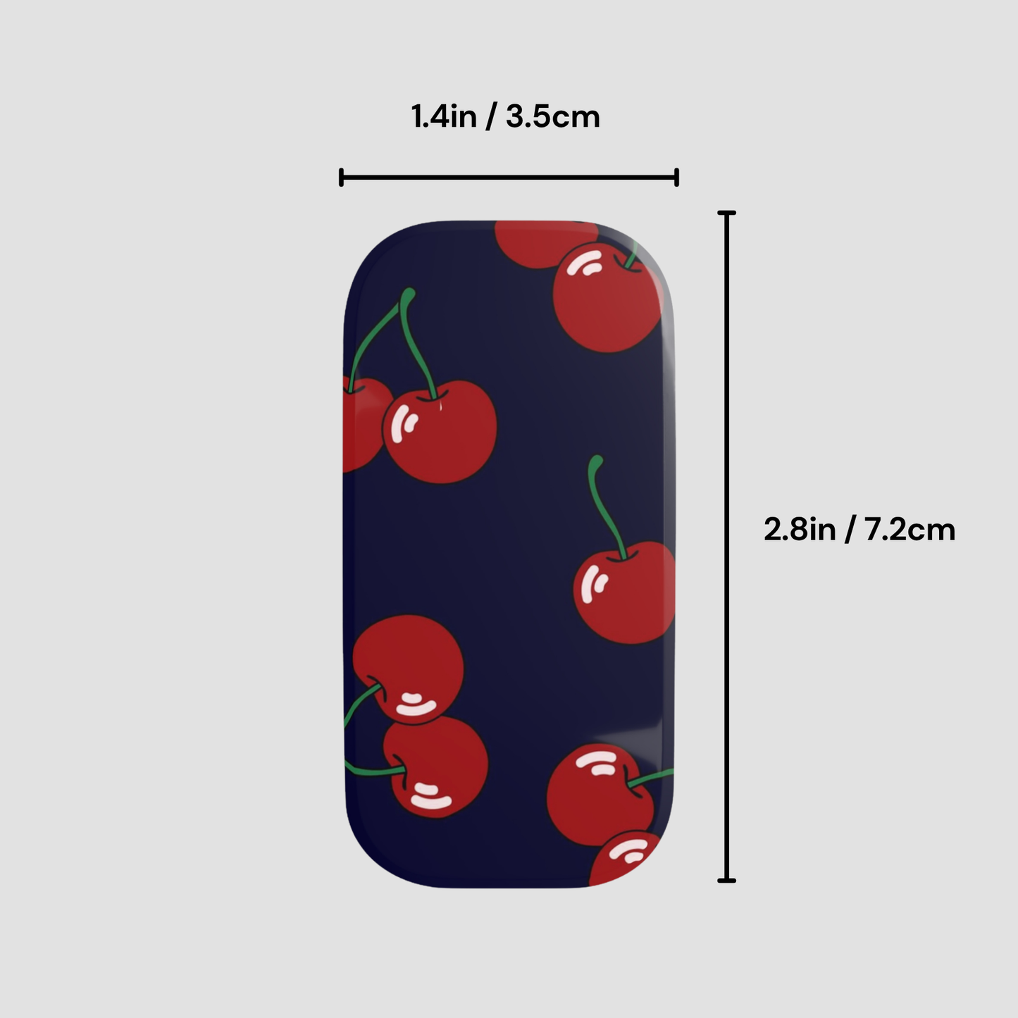 Phone case with cherry pattern and measurements on a gray background